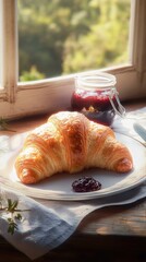 Aufkleber - Close-up view of a fresh croissant and fruit jam placed on a white plate by a sunlit window