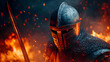 © sornram - A fierce knight in armor stands amidst flames, embodying bravery and resilience.