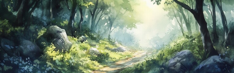 Poster - Serene forest pathway bathed in soft sunlight surrounded by lush green trees and rocks during a peaceful morning