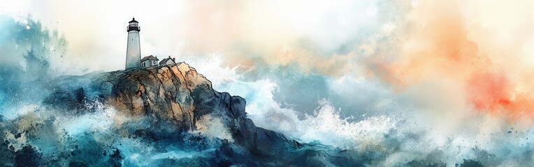 Aufkleber - Majestic lighthouse standing tall on rugged cliffs against a turbulent ocean background at sunset