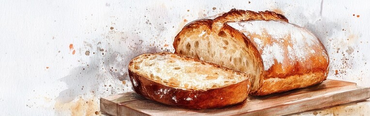 Aufkleber - Close-up of freshly baked bread loaf on a wooden board with a watercolor background showcasing soft colors and textures