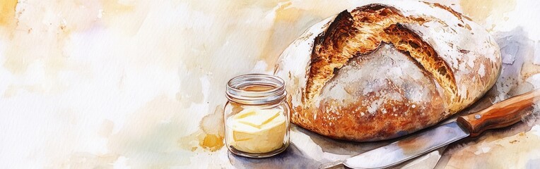 Poster - Freshly baked bread with creamy butter and a knife on a watercolor background in a cozy kitchen setting
