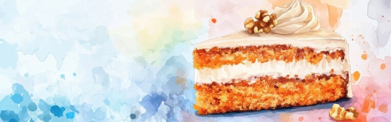 Aufkleber - Delicious close-up of a layered cake with creamy filling and decorative topping against a soft watercolor background