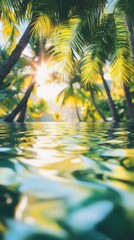 Aufkleber - Sunlight reflecting on rippling water amidst tropical palm trees in a serene environment