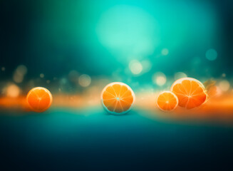 Wall Mural - vibrant oranges scattered on a blurred teal and orange gradient background with soft bokeh lights cr