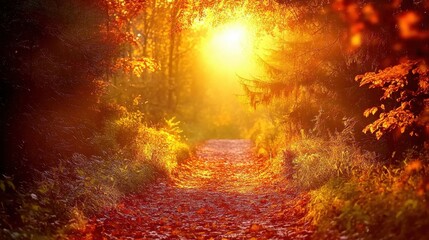 Aufkleber - Cozy forest path illuminated by golden sunlight amidst autumn leaves during a tranquil afternoon stroll
