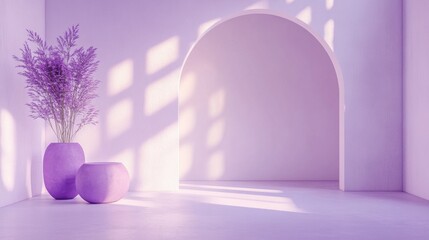 Fototapete - Serene minimalist interior featuring lavender hues with natural light and decorative plants