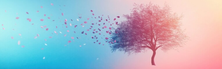 Poster - Silhouette of a minimalist tree with falling leaves in a serene gradient backdrop during twilight hours