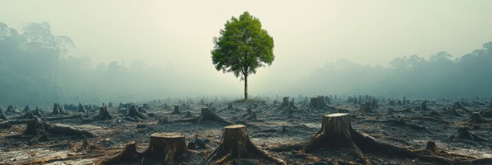 Poster - Deforested landscape featuring a solitary tree amid towering stumps and a foggy atmosphere during early morning hours. Generative AI