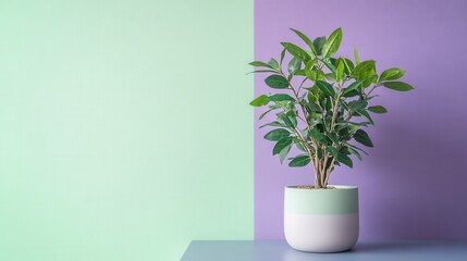 Aufkleber - Elegant plant display in minimalist room with gradient wall transitioning from green to purple