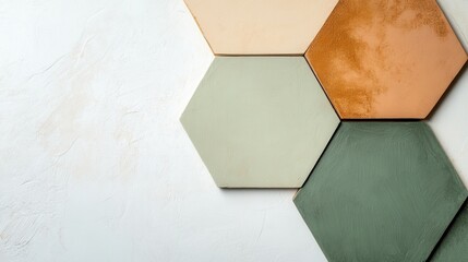 Poster - Elegant white composition featuring a bold arrangement of hexagonal tiles in soft color palette against a textured background