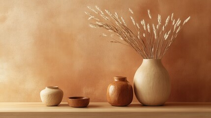 Poster - Elegant composition featuring earthy pottery and dried floral arrangement on a wooden surface