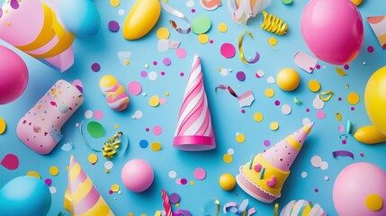 Poster - Colorful festive decorations featuring balloons, confetti, party hats, and cakes for a joyful celebration in a vibrant setting. Generative AI