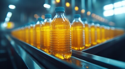 Aufkleber - Bright orange juice fills plastic bottles as they move steadily along the assembly line in a lively processing plant. The atmosphere buzzes with energy and freshness