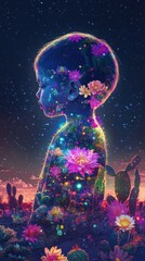 Poster - Vibrant visualization of a glowing child surrounded by flowers and stars at sunset