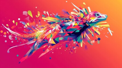 Poster - Abstract colorful lizard emerges from fragmented geometric shapes