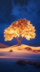 Aufkleber - Surreal glowing tree stands majestically in a desert landscape at twilight, illuminating the night sky with warm hues