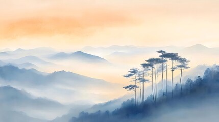 Wall Mural - Misty mountain sunrise, tranquil pines, serene landscape, calming art print