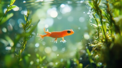 Poster - Small newt gracefully swims in crystal-clear waters among vibrant aquatic plants
