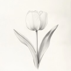 Poster - Illustration of a single tulip in full bloom with leaves on a light background showcasing delicate details
