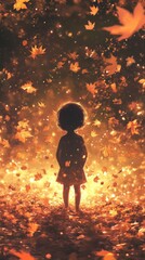 Poster - Child surrounded by glowing autumn leaves in an enchanting forest at twilight