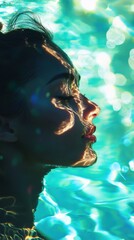 Poster - Serene portrait of a woman glowing with water reflections in a tranquil setting during daytime
