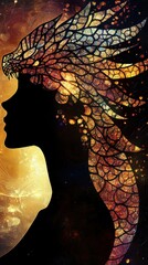 Aufkleber - Serene portrait of a woman illuminated by radiant colors, showcasing mystical beauty and strength in a stunning artistic display