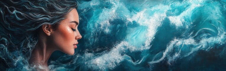 Aufkleber - Serene woman radiates calmness in a flowing ocean backdrop during twilight hours