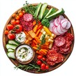 © Klnpherch - Colorful and Healthy Snack Platter with Fresh Vegetables, Sliced Meats, Cheeses, and Dipping Sauce on Wooden Board
