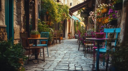 Charming spring cafe nestled in a cobblestone alley adorned with vibrant flowers and cozy seating arrangements