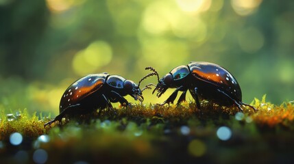 Aufkleber - Beetles explore a vibrant patch of moss under soft natural light in a lush forest setting