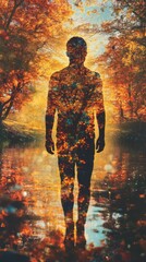 Poster - Mans silhouette illuminated by vibrant autumn colors reflecting in serene waters at dusk