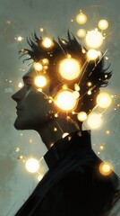 Fototapete - Mystical profile of a man with glowing orbs and lights capturing a moment of reflection and imagination
