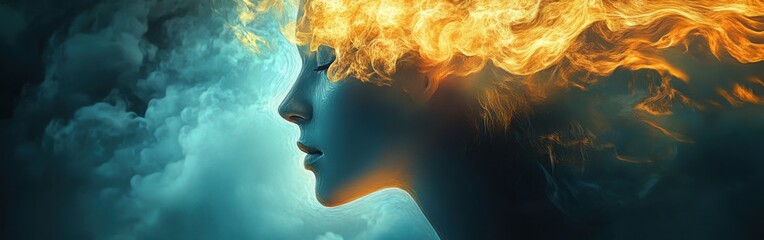 Poster - Mystical profile of a man filled with vibrant flames and swirling clouds creating a surreal and captivating atmosphere