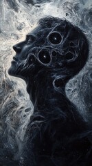 Poster - Mystical profile of a man filled with swirling cosmic elements and dark textures at twilight