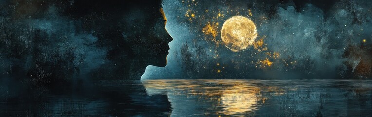 Poster - Mystical representation of a man's profile amidst cosmic elements and a reflective body of water at night