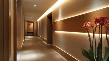 Fototapete - Modern hallway featuring elegant wall decor illuminated softly with artful lighting