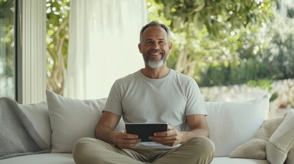 Poster - Middle-aged man with a neatly trimmed beard sitting comfortably on a sofa in a bright, stylish living room enjoying a tablet in a relaxed atmosphere