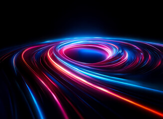 Fototapete - Vibrant blue and red light trails swirl in a vortex against a dark background, creating a dynamic, abstract, and futuristic visual with flowing energy.