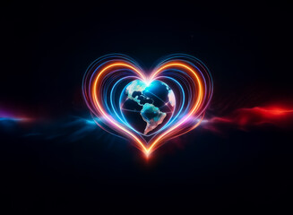 Canvas Print - Glowing heart outline with a world globe inside, set against a dark backdrop.  Bright neon lines form the heart shape, radiating light and energy.