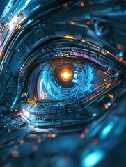 Fototapete - Robotic eye illuminated with soft glow, surrounded by intricate futuristic circuits and advanced technology patterns. Generative AI