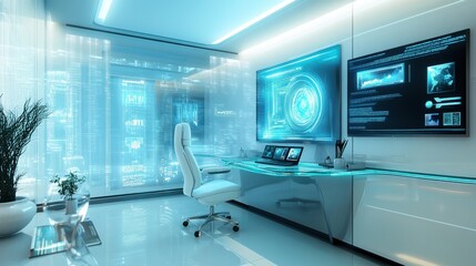 Poster - futuristic home office with glass desk and advanced technology in a sleek, modern design