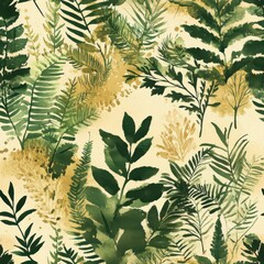 Fototapete - Dynamic watercolor doodle featuring an array of lush green ferns and leaves in an artistic composition