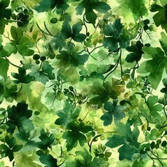 Poster - Vibrant watercolor doodle of lush green leaves showcasing dynamic nature and artistic flair in a playful composition
