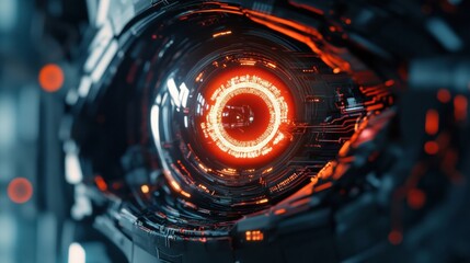 Wall Mural - Close up of a glowing robotic eye surrounded by intricate futuristic circuits and technology details. Generative AI