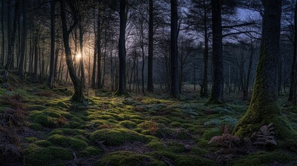 Fototapete - Dreamy spring forest at night with soft light filtering through trees illuminating lush green moss