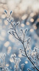 Poster - Frosty blue background with delicate icy branches sparkling in the light during a winter morning