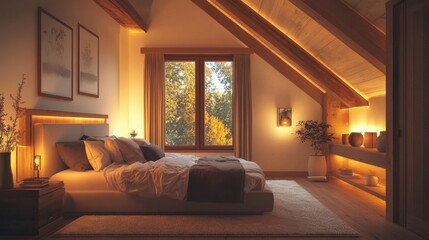 Aufkleber - Cozy wooden bedroom with vaulted ceilings and warm lighting creating a relaxing atmosphere in the evening