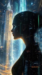 Poster - Glowing woman silhouette against a futuristic city skyline at night with vibrant neon lights