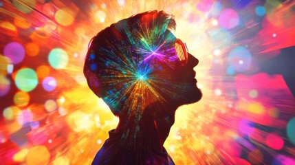 Aufkleber - Concept of a man radiating vibrant light energy in an imaginative setting during a captivating night